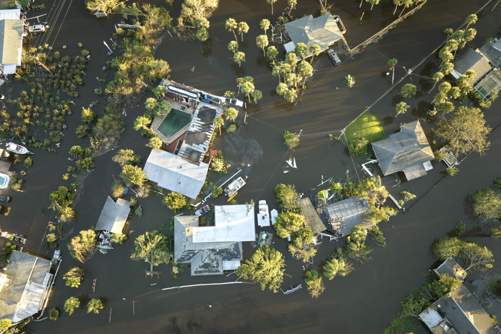 Aerial view of Florida home flooded after Hurricane Ian in 2022.