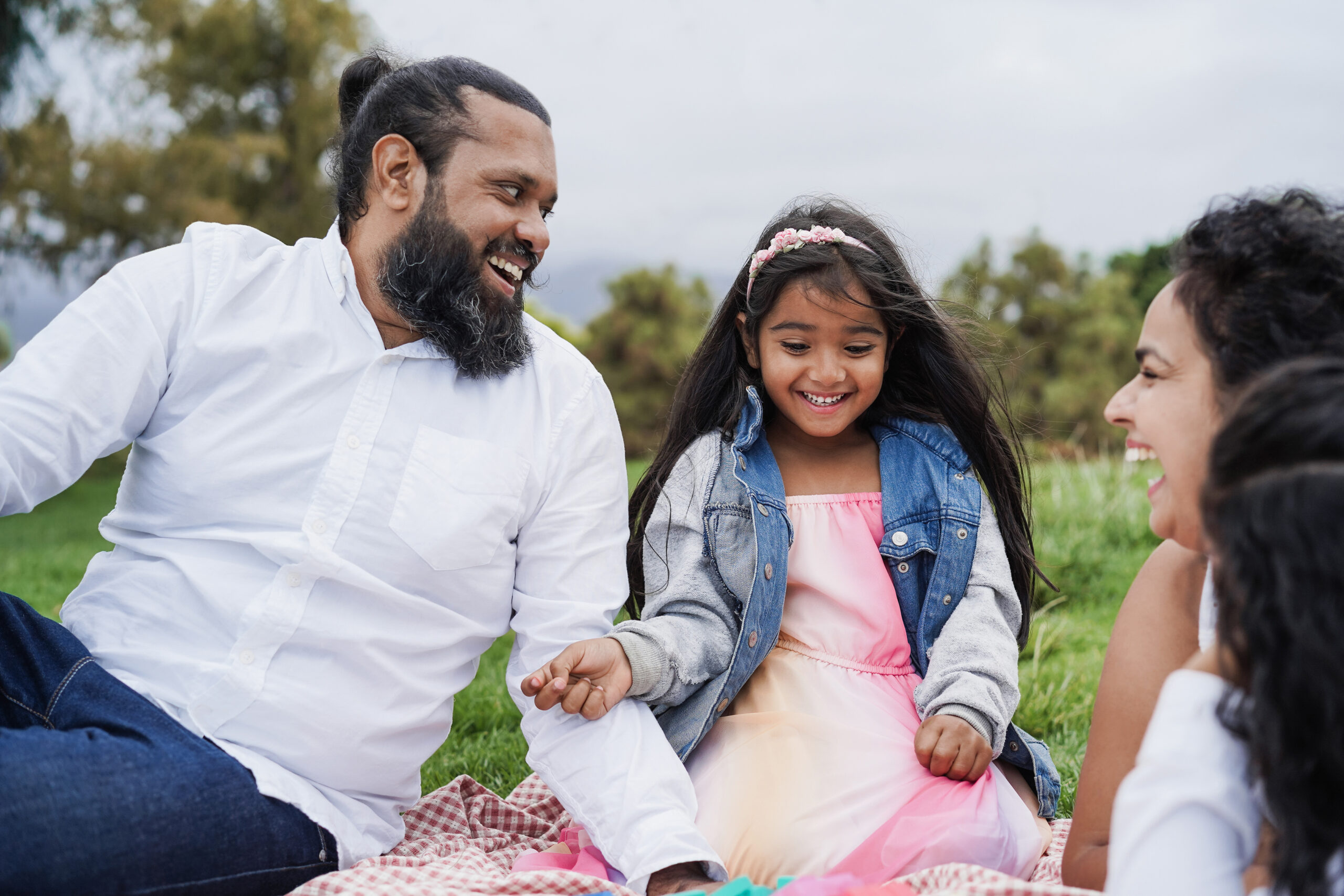 Family having picnic in open field