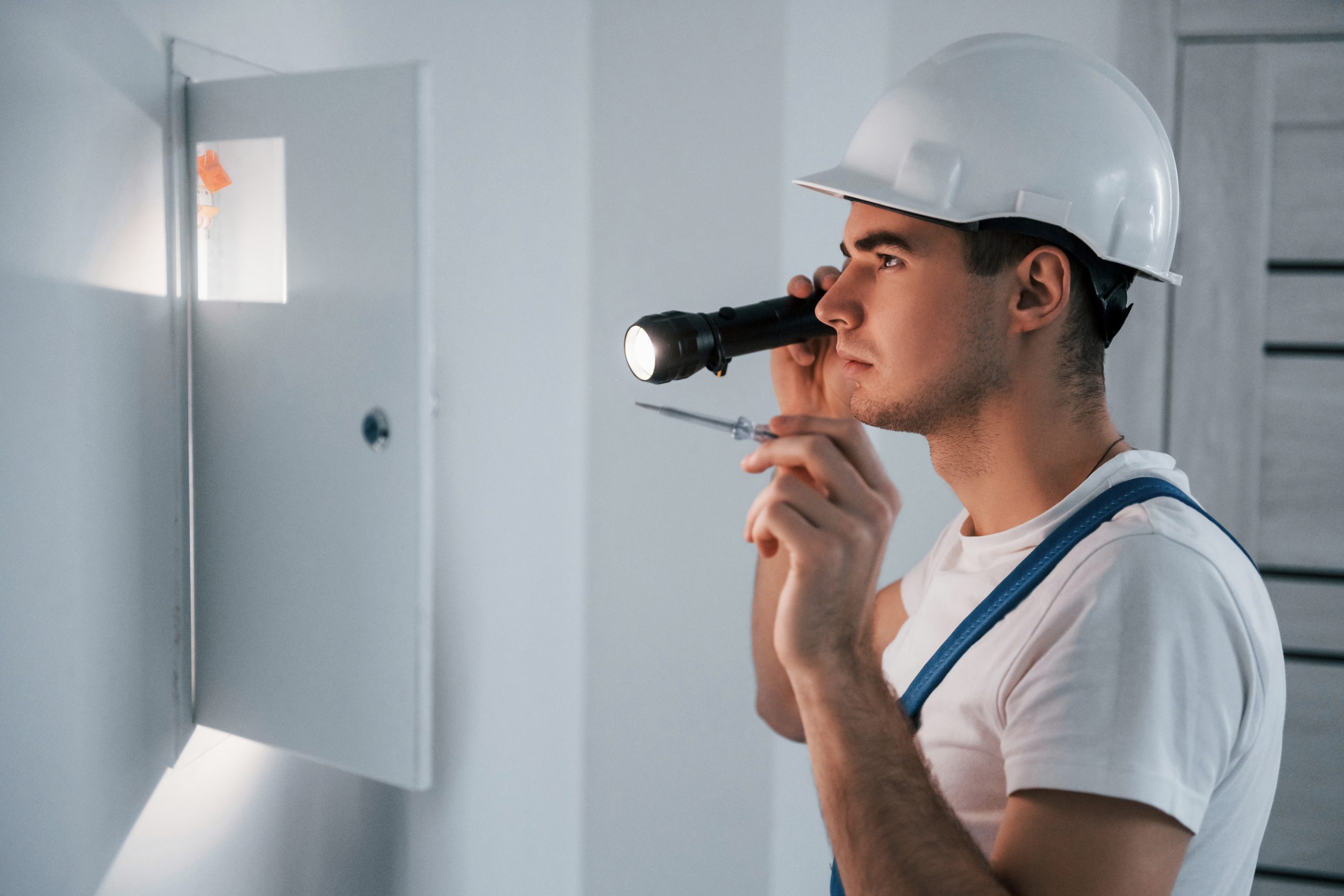 home inspector looking at fuse box