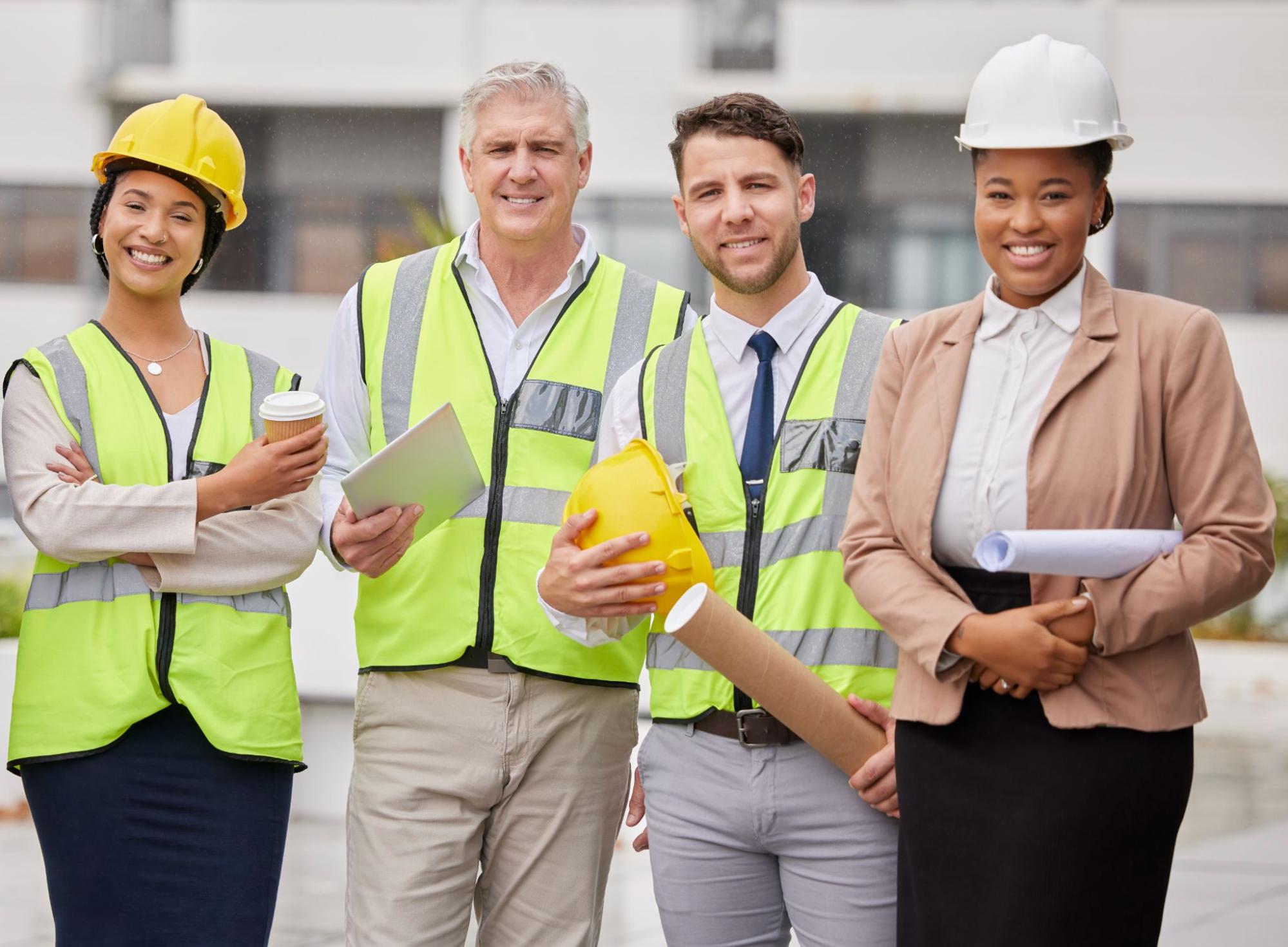 employees with hard hats on worksite